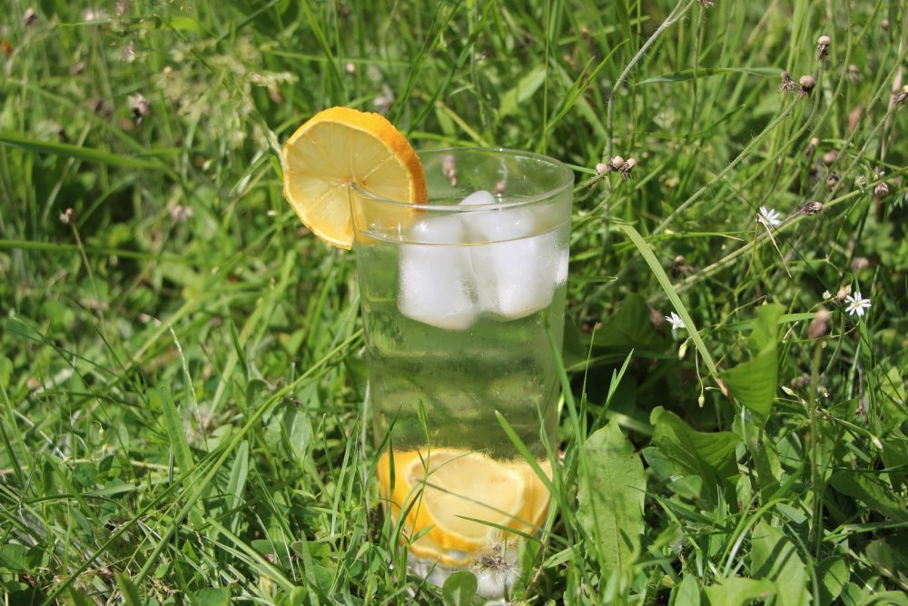 Verre d'eau glacée citronnée sur fond de gazon.